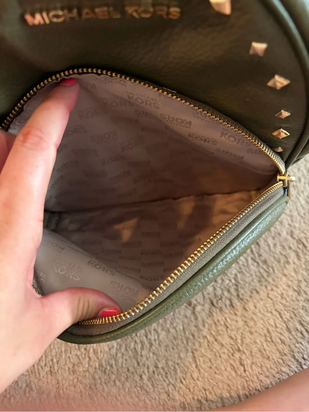 MICHAEL KORS Olive Green Studded Leather Mini Backpack